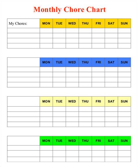 printable monthly chore chart template printable templates