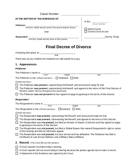 sample divorce forms  ms word
