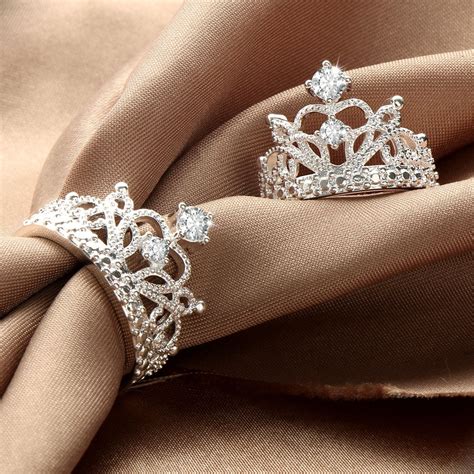 pc cute princess crystal silver plated ring queen crown zircon