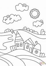 Village Coloring Scene Pages Drawing Printable Scenery Houses Drawings sketch template