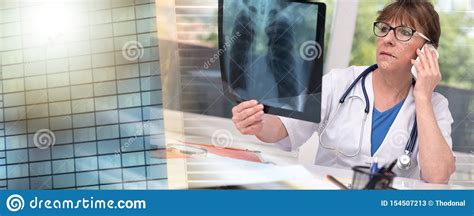 female doctor examining x ray report multiple exposure