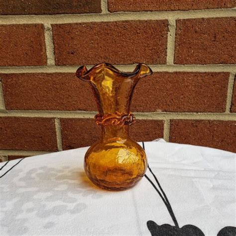 Amber Crackle Glass Bud Vase Vintage Ebay