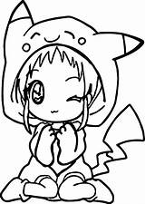 Girl Pikachu Hat Wearing Coloring Pages Little Categories Cute Cartoon sketch template