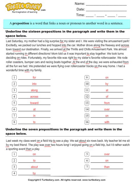 underline prepositions   paragraph  write  worksheet