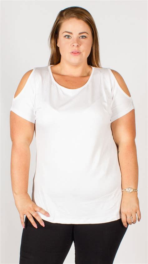 White Cold Shoulder Plain T Shirt Top Curvewow