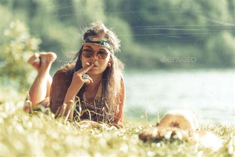 Pretty Free Hippie Girl Smoking On The Grass Vintage Effect Ph Stock