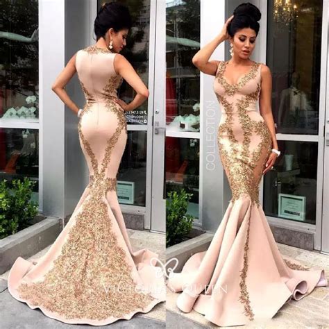 Gold Lace Appliqued Blush Satin Mermaid Long Prom Dress Vq