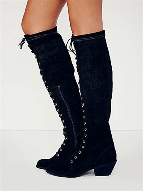 black suede lace  font block   knee boots boot shoes women boots lace boots