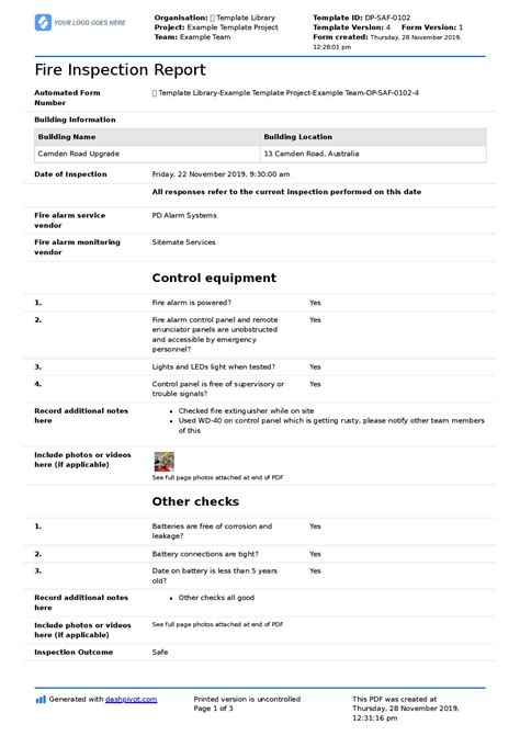 fire inspection report template   editable form template