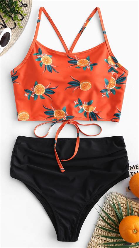 zaful pineapple orange ruched high waisted tankini set trendy