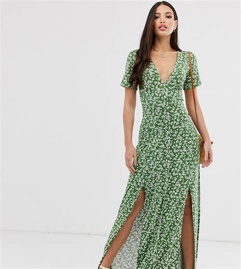 asos design tall lange jurk met knopen splitten en fijne print groen tall fashion