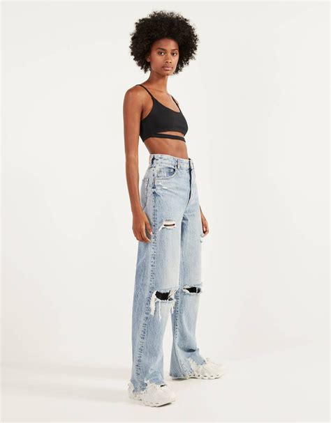 ripped  jeans jeans bershka united kingdom fashion inspo outfits flare jeans outfit