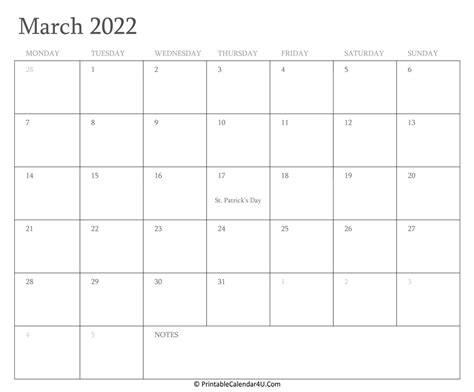 march  calendar printable  holidays