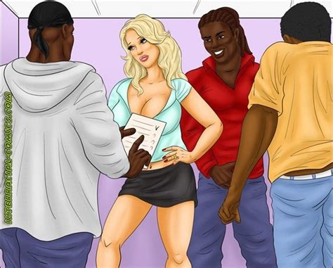 slut white blonde teacher on this comics porn wants to seduce three black dudes