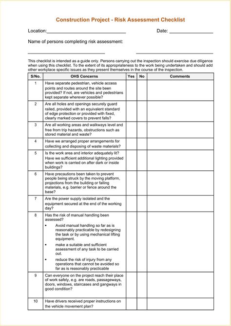 construction project risk assessment checklist template sample