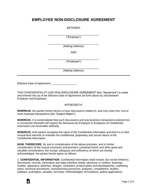 employee non disclosure agreement nda template eforms