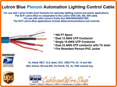 lutron blue p plenum rated lighting control cable  ft  star incorporated
