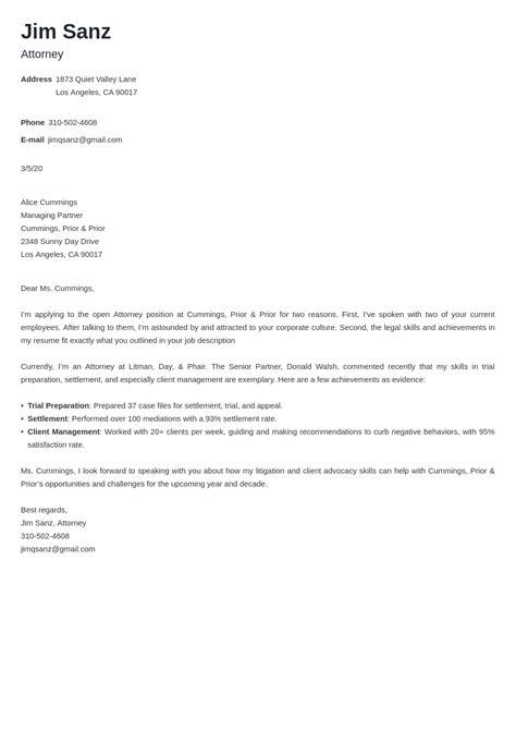 attorney cover letter sample