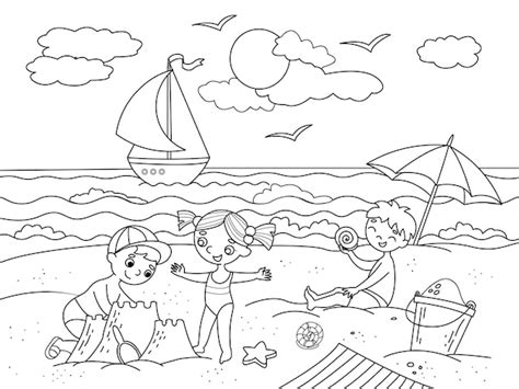 Dzieci Pływają Na Plaży I Bawią Się Zabawkami Ilustracja Morze Plaża