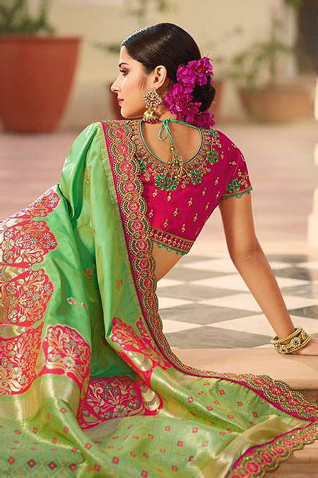 Buy Light Green And Pink Silk Embroidered Saree Online