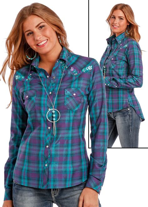 panhandle slim womens bluepurple plaid embroidered snap  western shirt js long sleeve