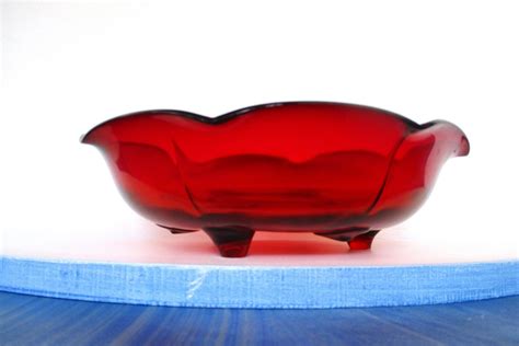 Vintage Ruby Red Glass Bowllarge Footed Serving Bowlruffled Etsy
