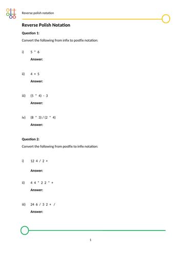 worksheet reverse polish notation rpn questions  answers teaching resources