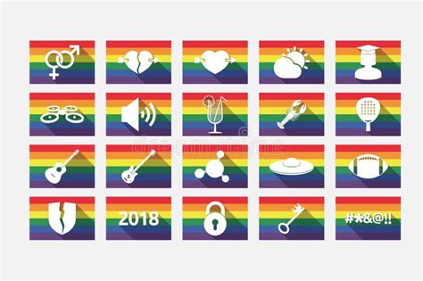 set of gay pride flags with miscellaneous mixed icons stock