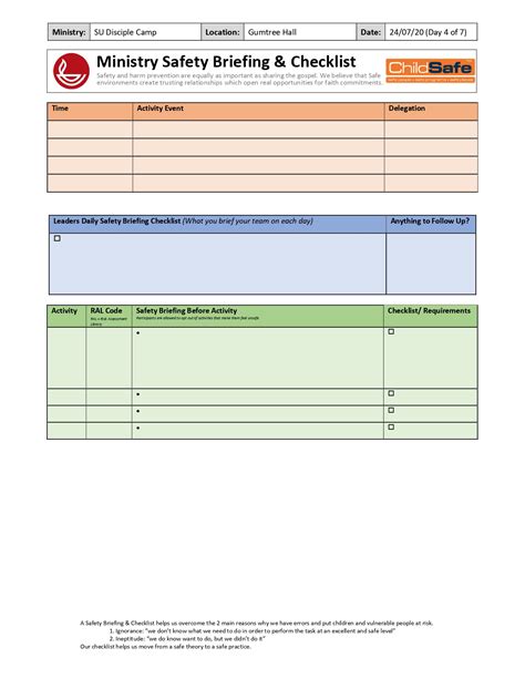 safety briefing checklist blank template scripture union nsw