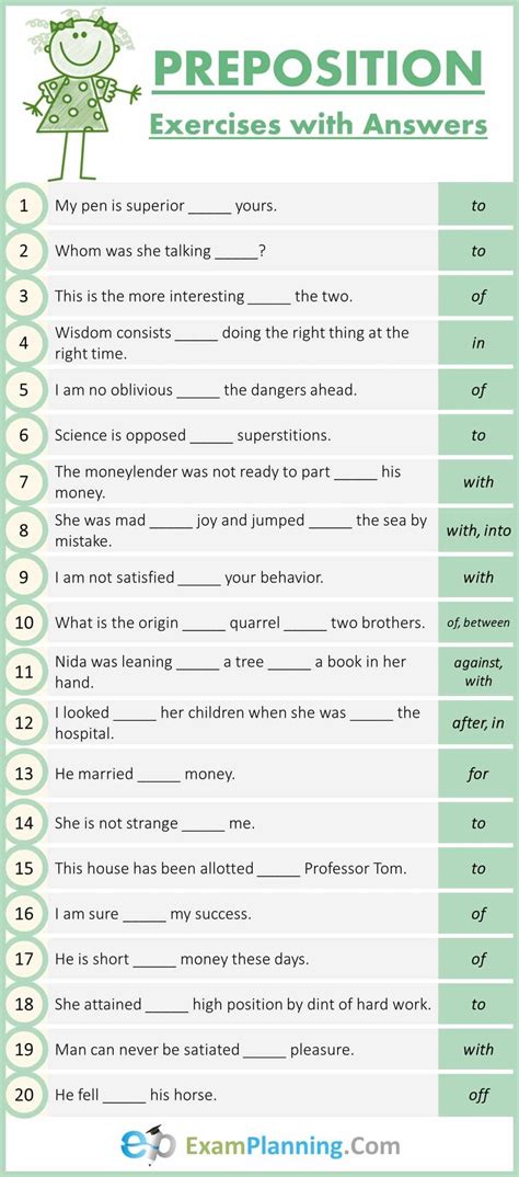 mixed preposition exercises  answers english writing skills