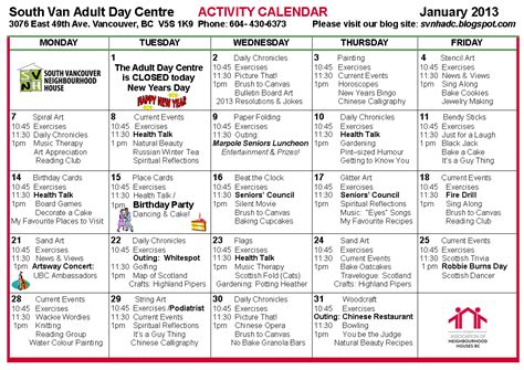 South Vancouver And Beulah Adult Day Programs January 2013 Calendar