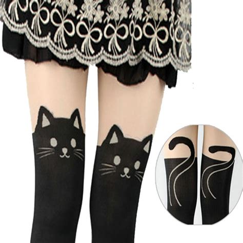 women cute cat tail kitten knee high tattoo stockings pantyhose tights leggin leggings for girls