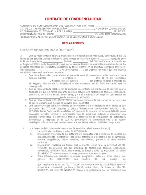 Contrato De Confidencialidad Entre Empresas México Información