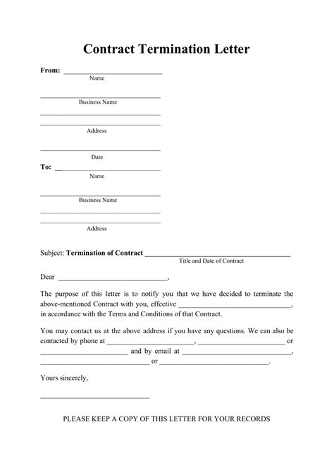 contract termination letter template  printable
