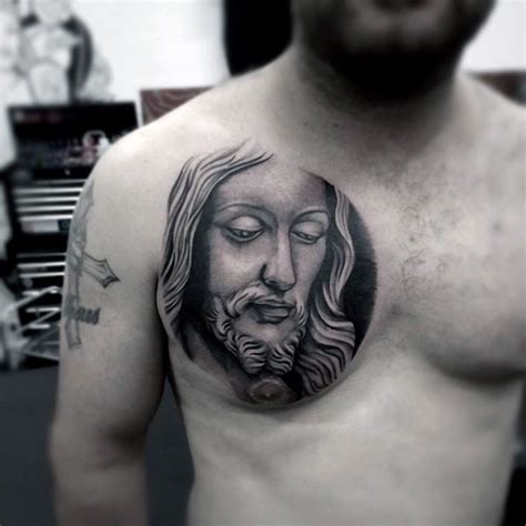 Inspiring Religious Jesus Christ Portrait Circle Shaped Tattoo On Chest