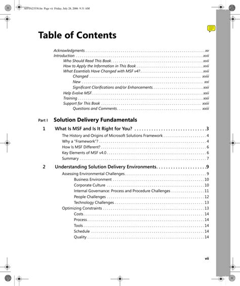 table  contents