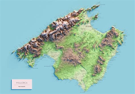colored topographic map   island  mallorca etsy