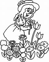 Coloring Girl Flowers Picking Summer sketch template