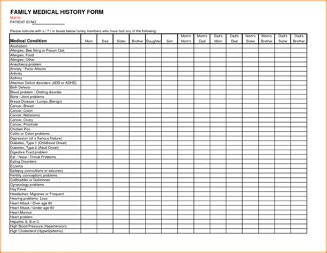 printable family medical history form template printable forms