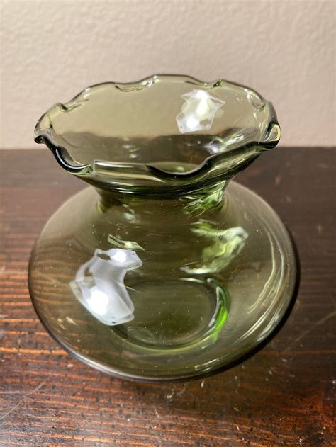 vintage small green glass vase with fluted rim etsy