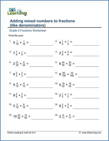 grade  addition subtraction  fractions worksheets  adding