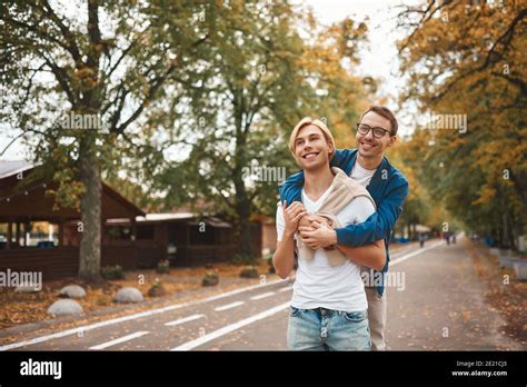 Loving Gay Couple Walking Outdoors Two Handsome Men Having Romantic