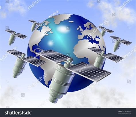number  satellites orbiting blue shiny earth satellites stock