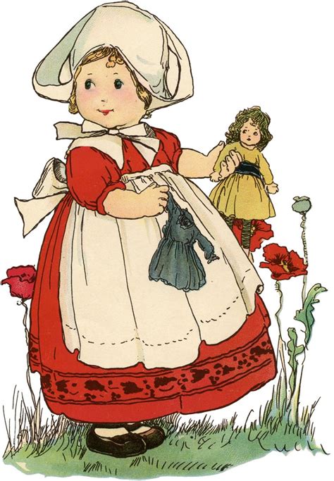 vintage little dutch girl with doll drawing the