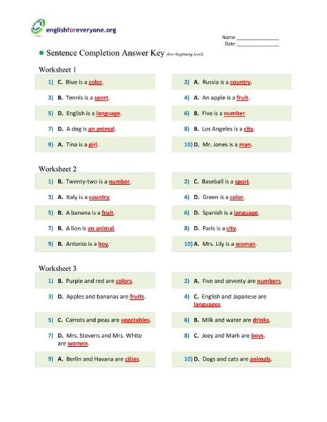 sentence completion answer key english for everyone