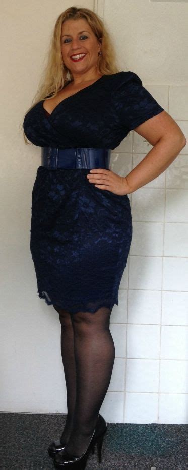 Curvy Woman Blue Lace Dress Wide Black Belt Sheer Black Pantyhose And