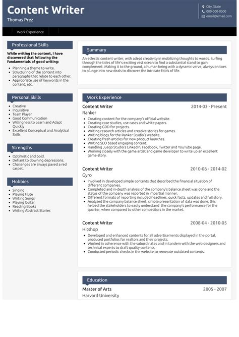 Content Writer Resume Samples 1 Resource For Templates And Skills