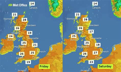 uk weekend weather forecast chart shows 28c britain bake