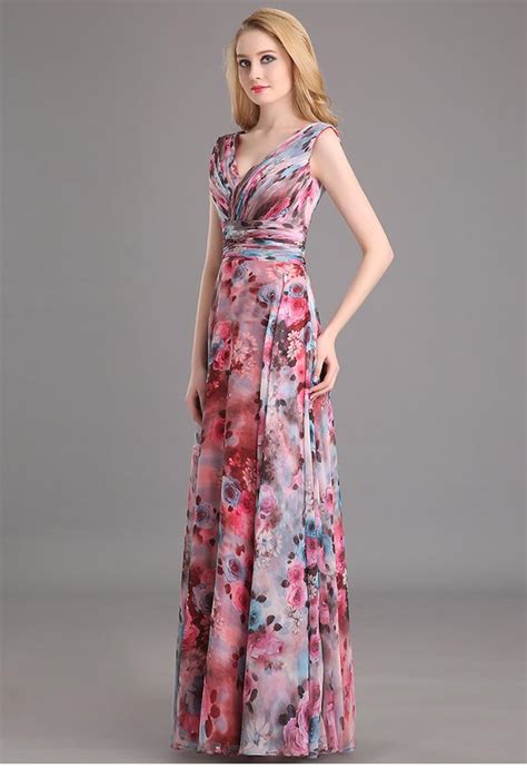 Floral Print Long Evening Dress 2017 Double V Neck Pattern Elegant Prom