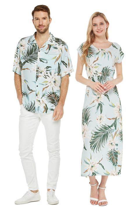 couple matching hawaiian luau shirt cap sleeve maxi dress  hibiscus